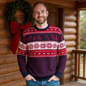 Burton Navy Red Argyle Holiday Print Crewneck Sweater Cabincore Cozy Mountains M